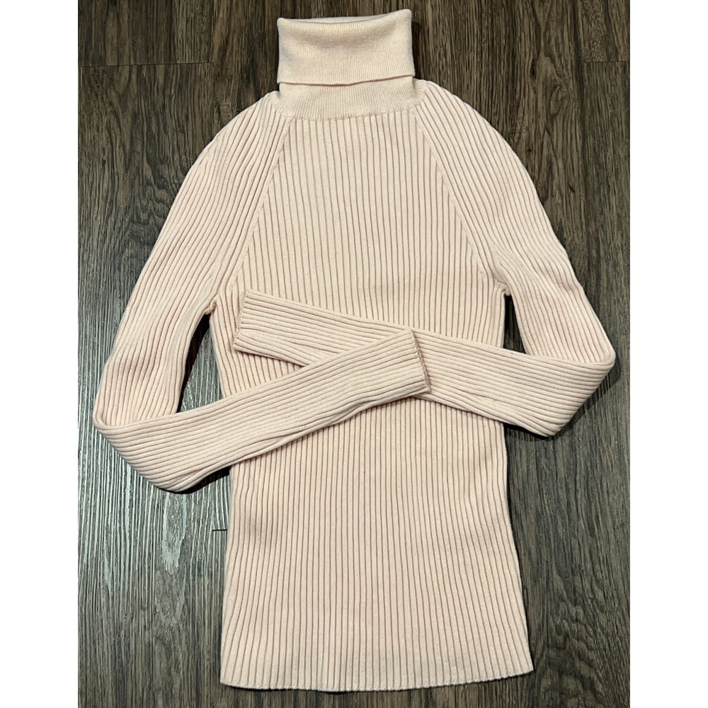 Celine Womens Sweater Raglan Ribbed Turtleneck Wool Nylon Size M In Pale Pink